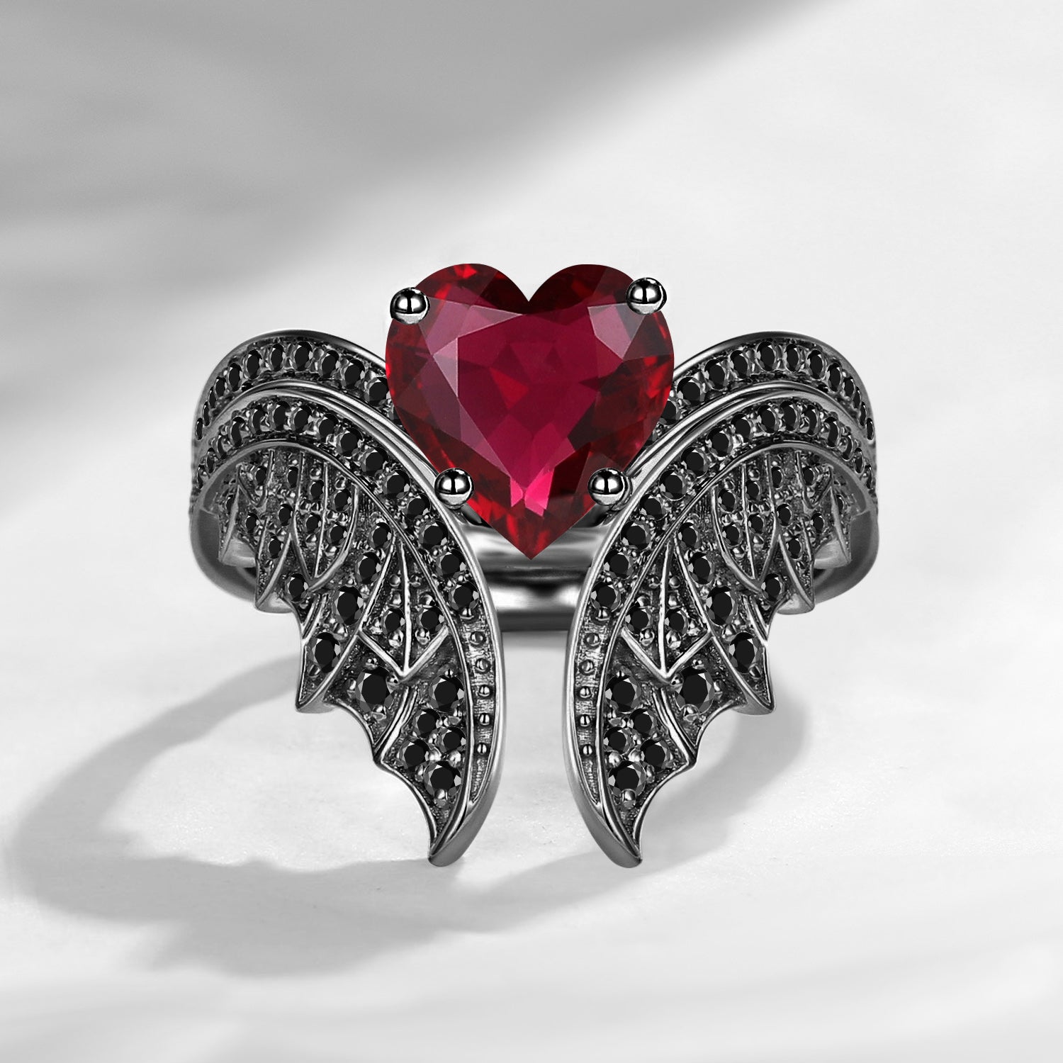 Gothic Vintage Heart Shaped Natural Ruby Black Inspired Bridal Set 2pcs - Bat Ring