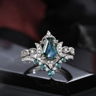 'Till Death Do Us Part' - Unique Coffin Cut Natural Teal Sapphire Crescent Moon Engagement Ring Set