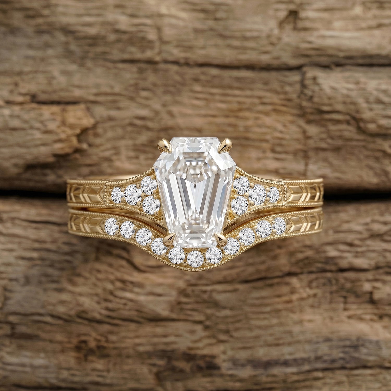 Vintage Art Deco Coffin Moissanite & Lab Diamond Milgrain Engagement Ring Set 2pcs