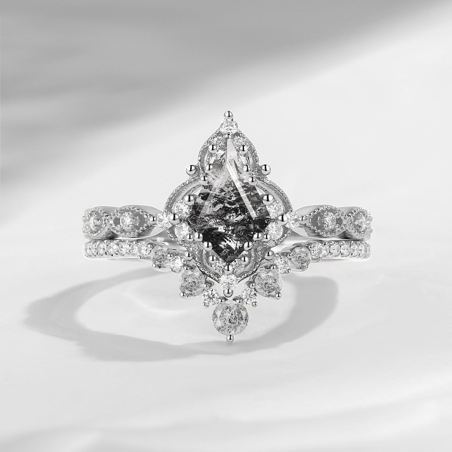 Antique Kite Cut Herkimer Diamond Engagement Ring Bridal Set 2pcs