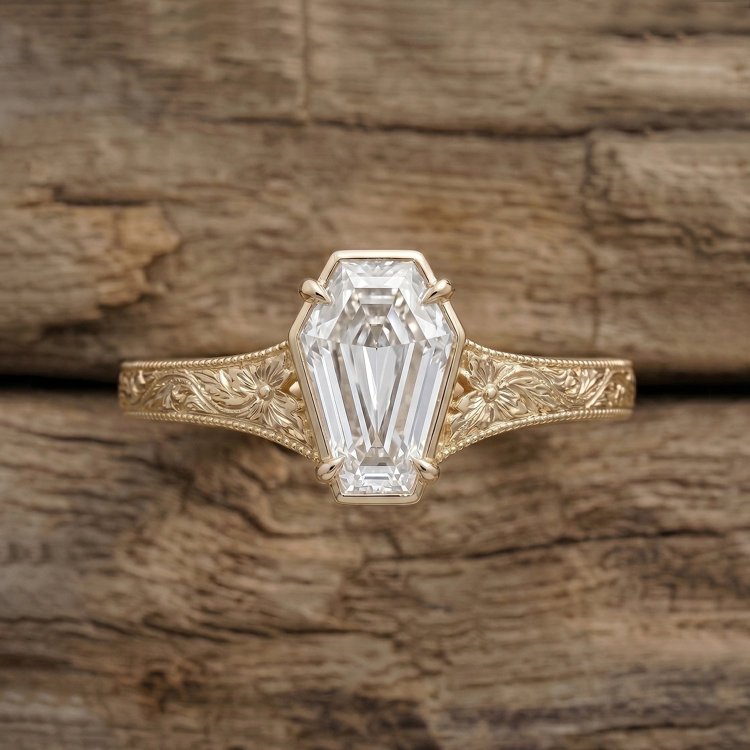 Coffin Cut Moissanite & Lab Diamond Vintage Bezel Solitaire Engagement Ring