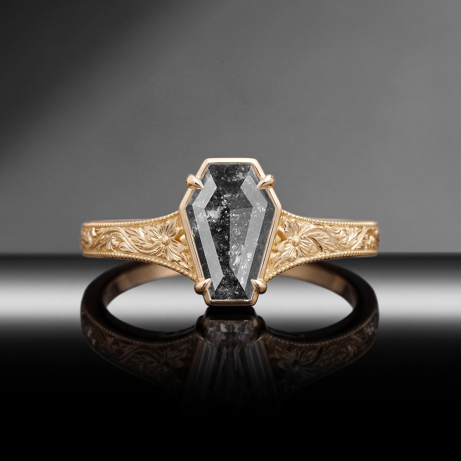 Vintage Inspired - Coffin Cut Natural Salt & Pepper Diamond Engagement Ring with Floral Engraving