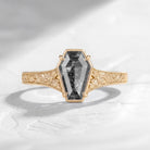 Vintage Inspired - Coffin Cut Natural Salt & Pepper Diamond Engagement Ring with Floral Engraving