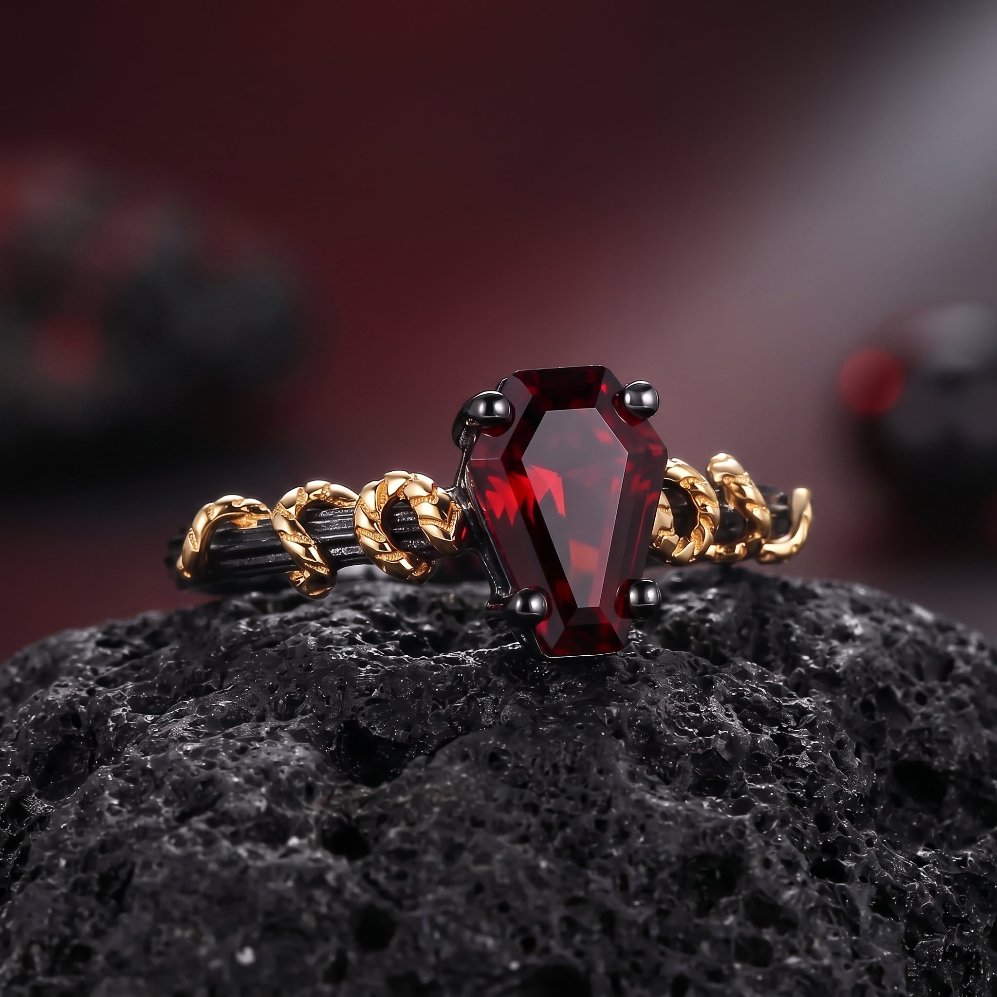Serpent's Embrace - Gothic Coffin Cut Garnet Two-Tone Engagement Ring with Twisted Snake Detailing
