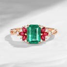 Cluster Emerald Cut Natural Emerald & Ruby Twist Engagement Ring