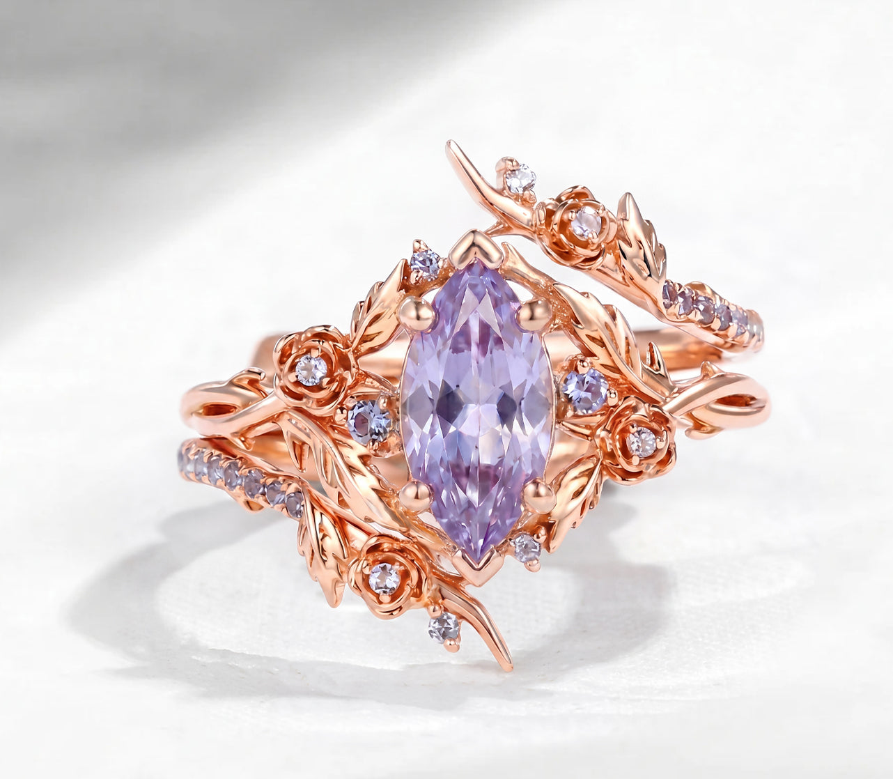 ‘Thorns & Roses’ - Nature Inspired Marquise Lab Lavender Sapphire Twist Cage Ring Bridal Set