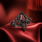 'Bat Romance' - Gothic Coffin Cut Red Garnet Ring Set with Bat Wing Milgrain in Black Gold-Bat Ring