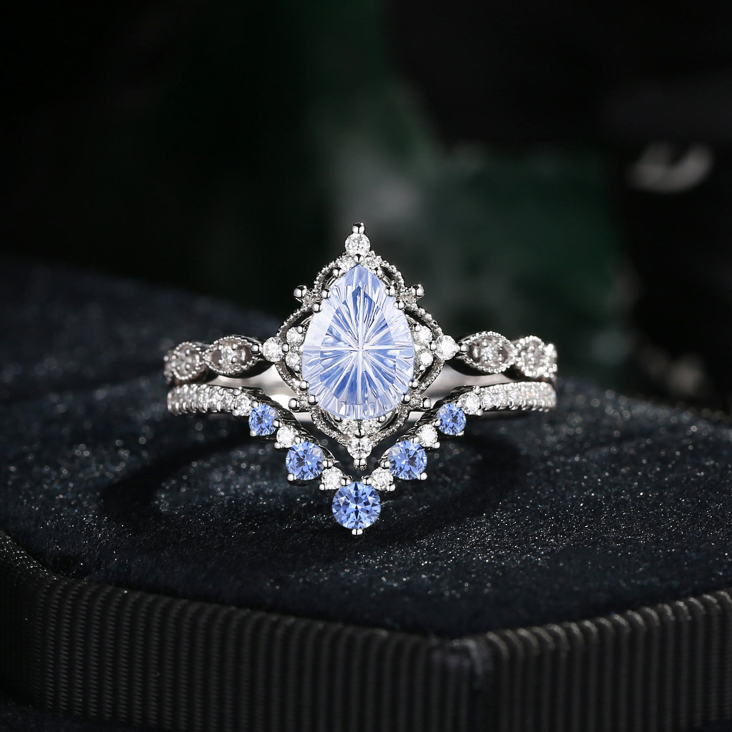 Fantasy Carved Pear Cut Lab Cornflower Sapphire Engagement Ring Set