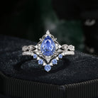 Antique Pear Cut Lab Cornflower Sapphire Engagement Ring 2pcs