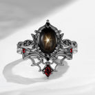 Crescent Moon | Bat Inspired Oval Cut Natural Black Star Sapphire Gothic Black Gold Engagement Ring Set 2pcs