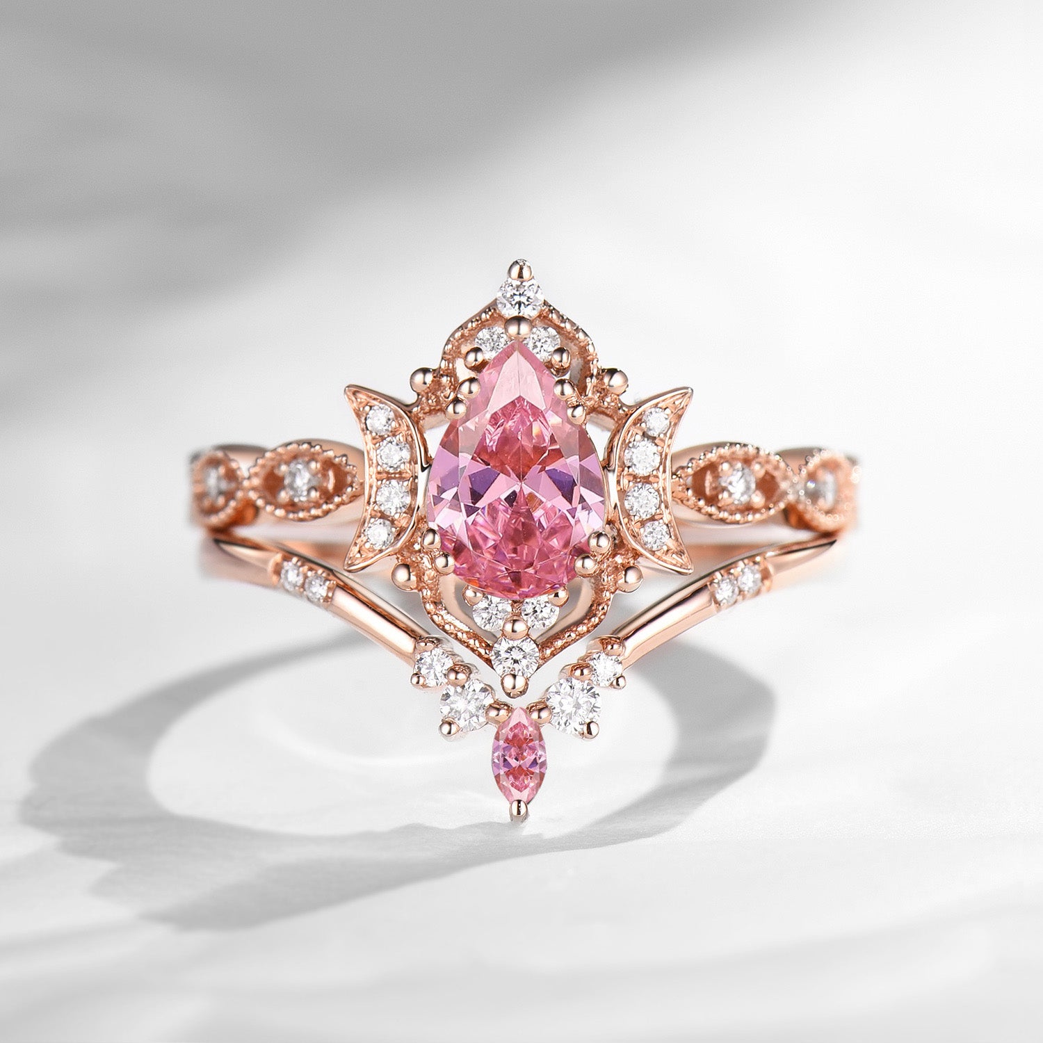 Crescent Moon | Pear Cut Natural Pink Sapphire Engagement Ring Sets 2pcs - Luna