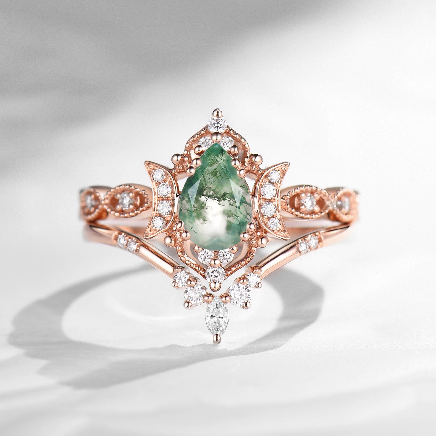 Crescent Moon | Unique Pear Shape Moss Agate Engagement Ring Set 2pcs - Luna