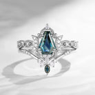 Crescent Moon 'Luna' - Vintage Coffin Cut Natural Teal Sapphire Engagement Ring Set