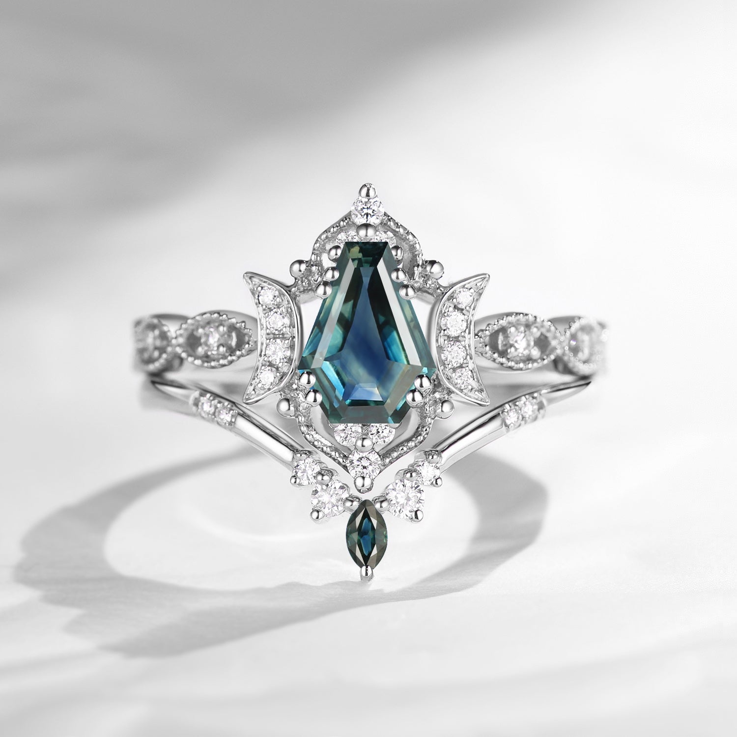 Crescent Moon 'Luna' - Vintage Coffin Cut Natural Teal Sapphire Engagement Ring Set