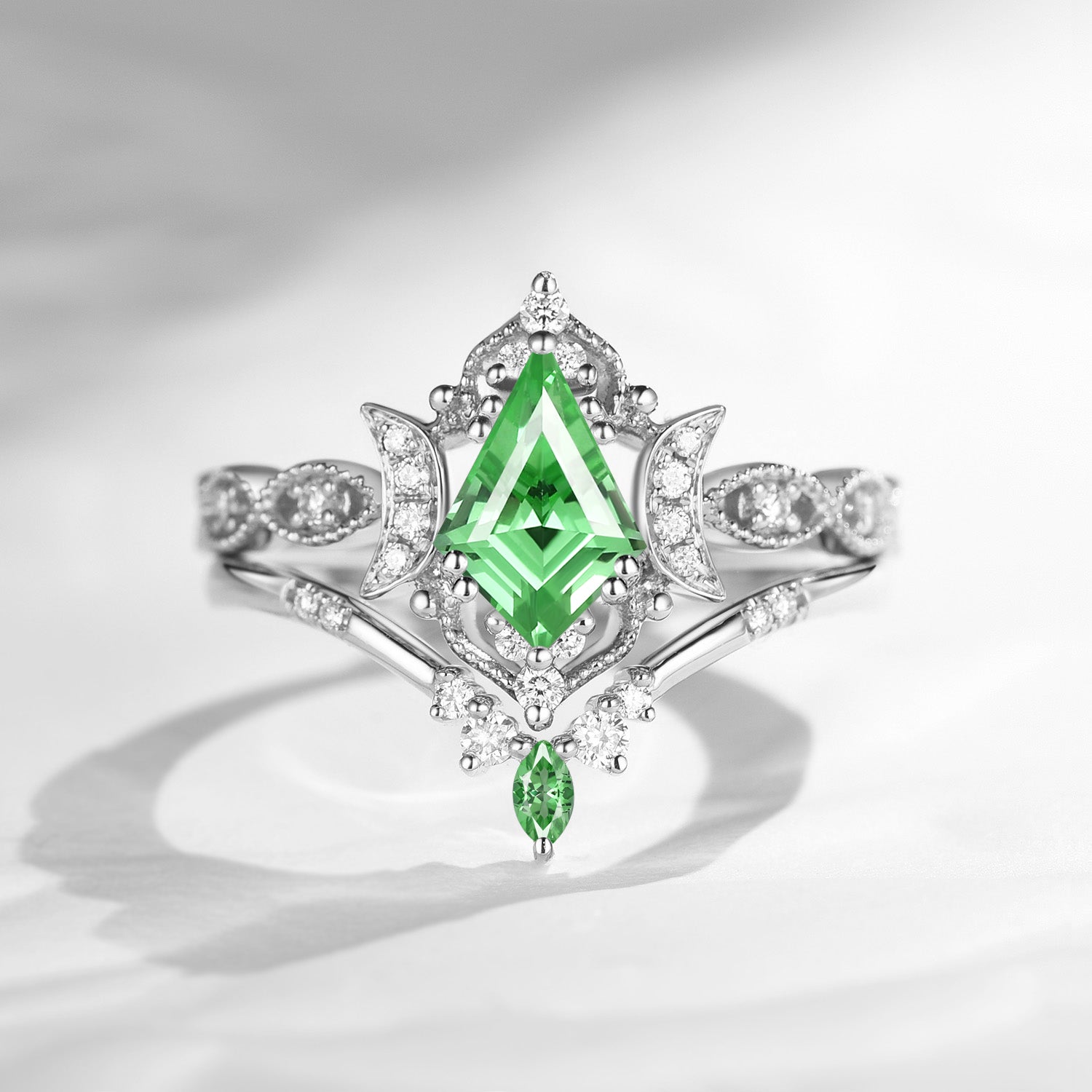 Crescent Moon | Unique Kite Cut Lab Tsavorite Engagement Ring Set 2pcs - Luna