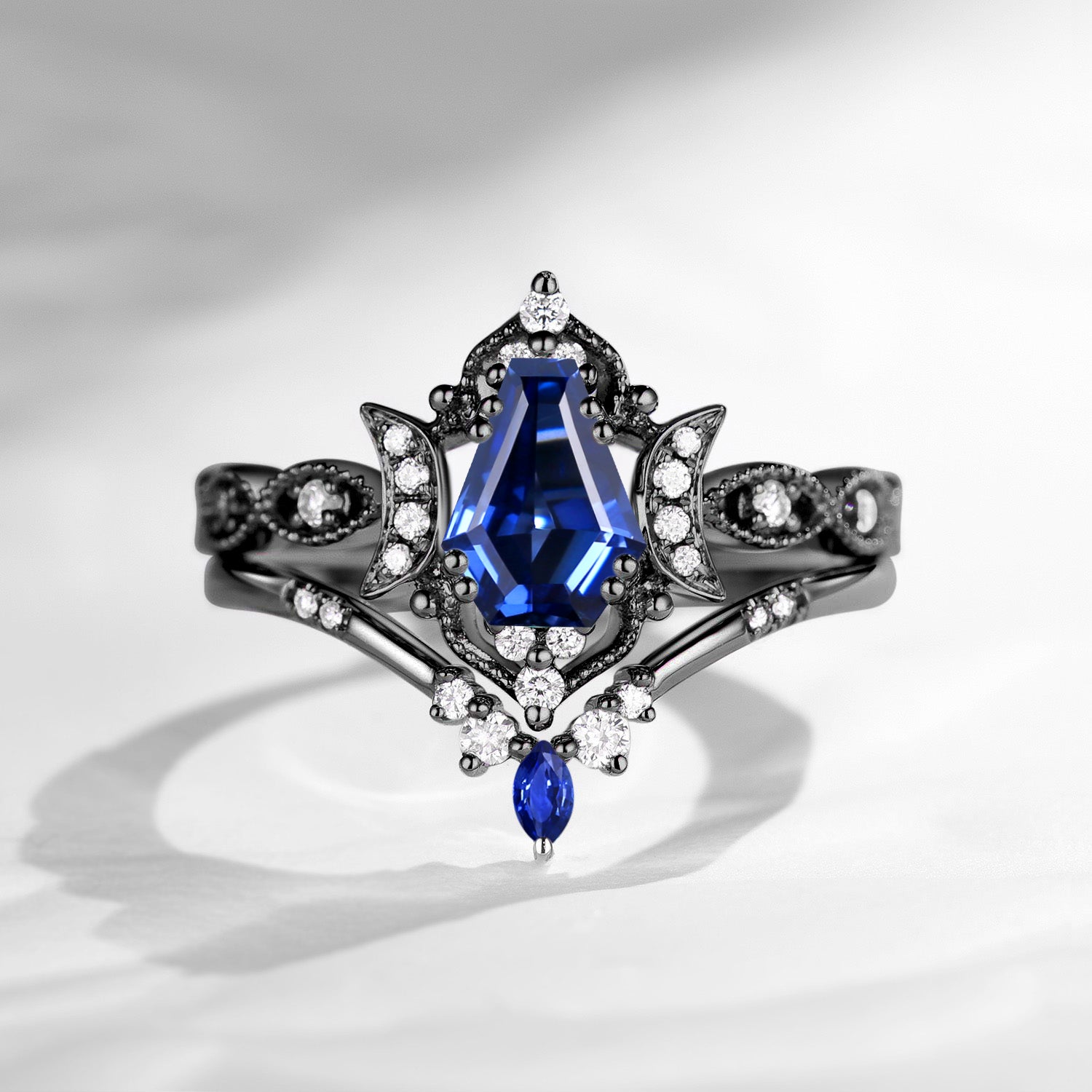 Crescent Moon | Unique Coffin Cut Lab Sapphire Engagement Ring Set 2pcs - Luna