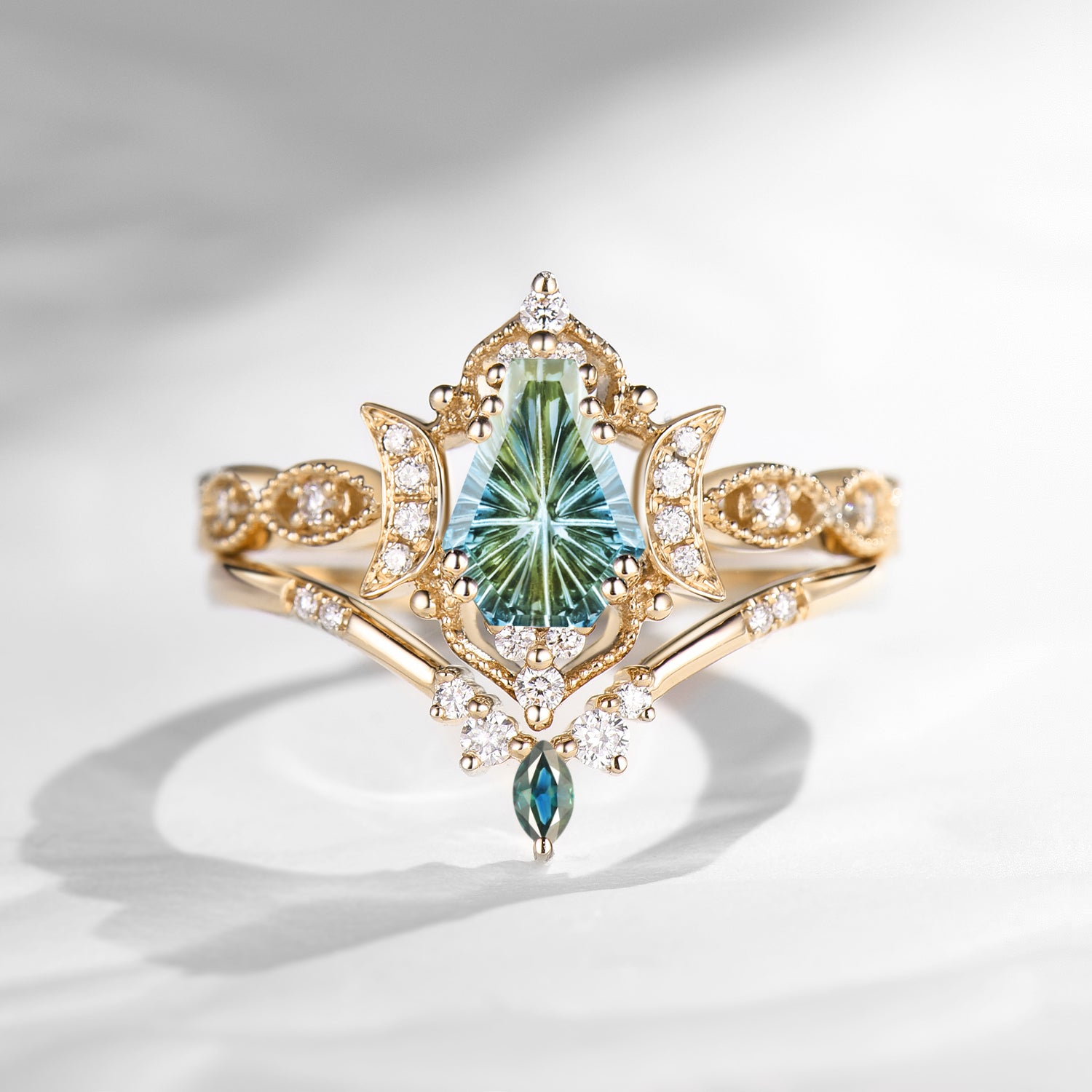 Crescent Moon | Fantasy Cut Coffin Shaped Natural Multi-Colored Sapphire Engagement Ring Set 2pcs - Luna