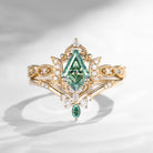 Crescent Moon | Kite Cut Unique Green Moissanite Engagement Ring Set 2pcs - Luna