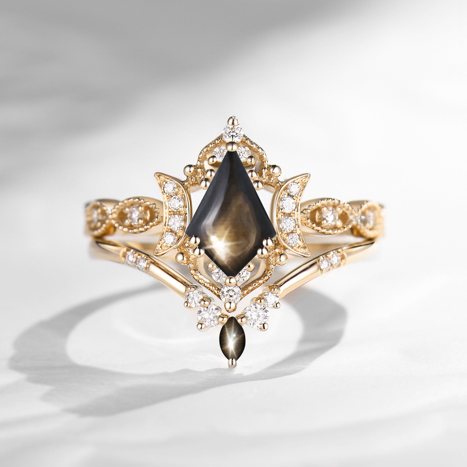 Crescent Moon | Unique Kite Cut Natural Black Star Sapphire Engagement Ring Set 2pcs - Luna