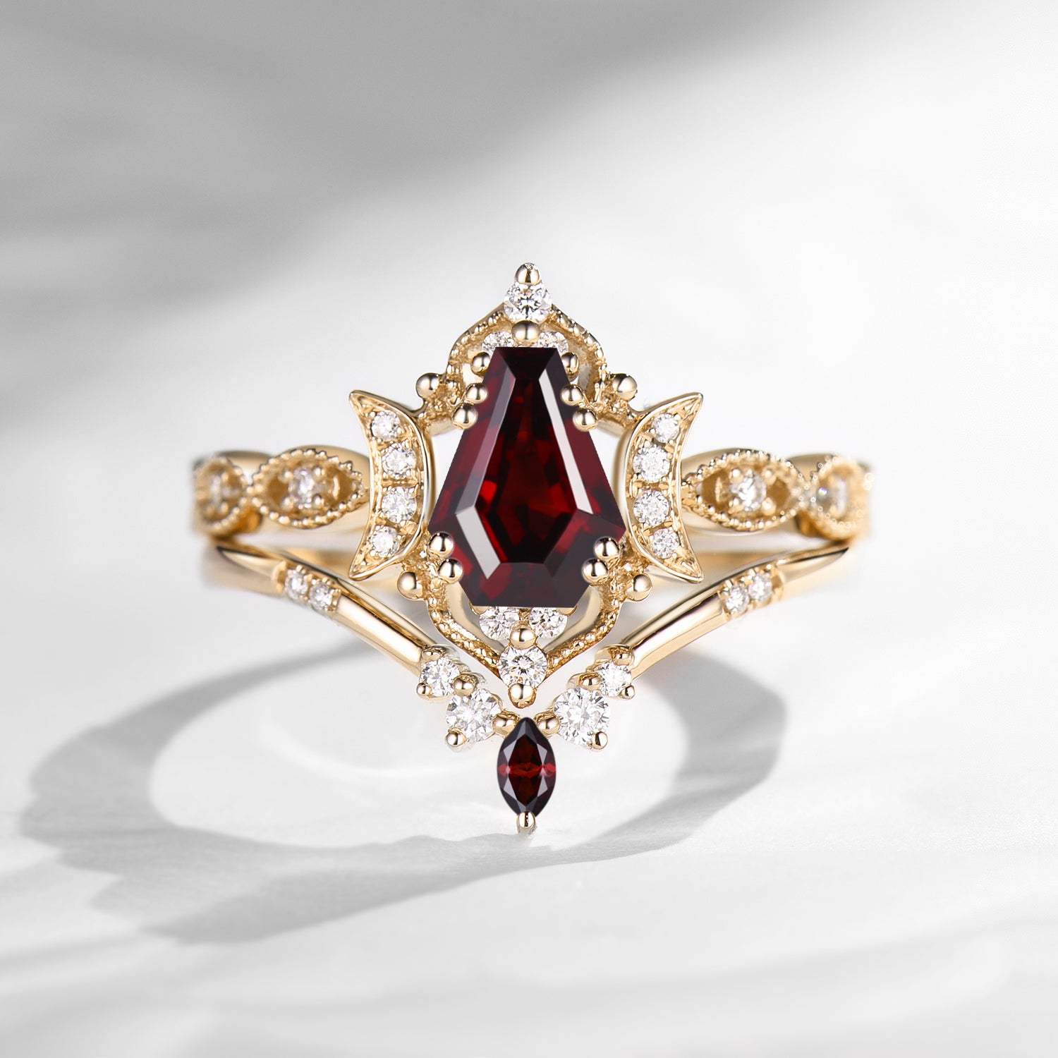 Crescent Moon | Unique Coffin Cut Garnet Engagement Ring Set 2pcs - Luna