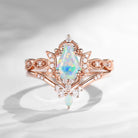 Crescent Moon | Unique Coffin Cut Lab Opal Engagement Ring Set 2pcs - Luna