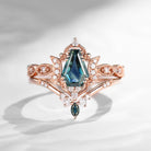 Crescent Moon 'Luna' - Unique Coffin Cut Natural Teal Sapphire Engagement Ring Set