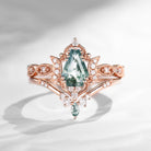 Crescent Moon | Unique Coffin Cut Moss Agate Engagement Ring Set 2pcs - Luna