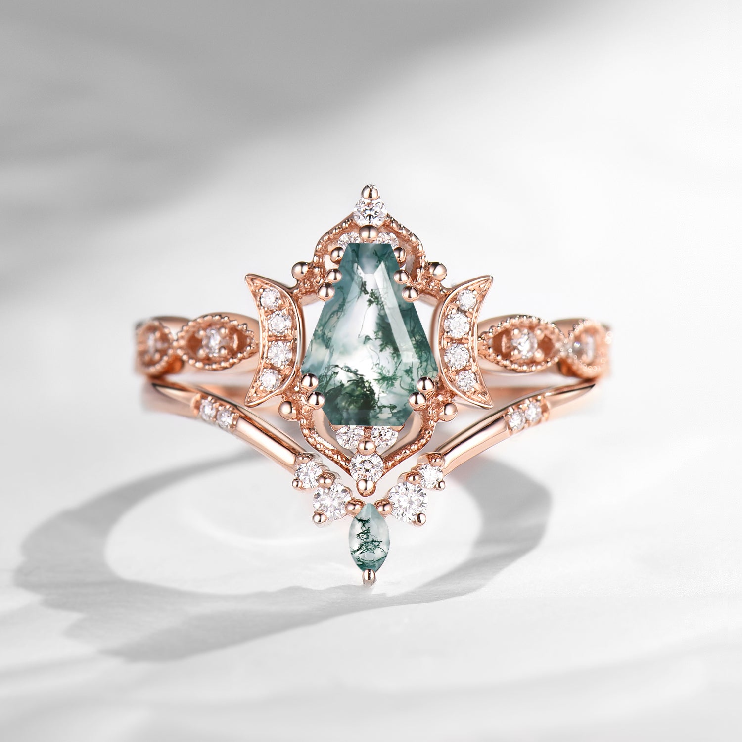 Crescent Moon | Unique Coffin Cut Moss Agate Engagement Ring Set 2pcs - Luna