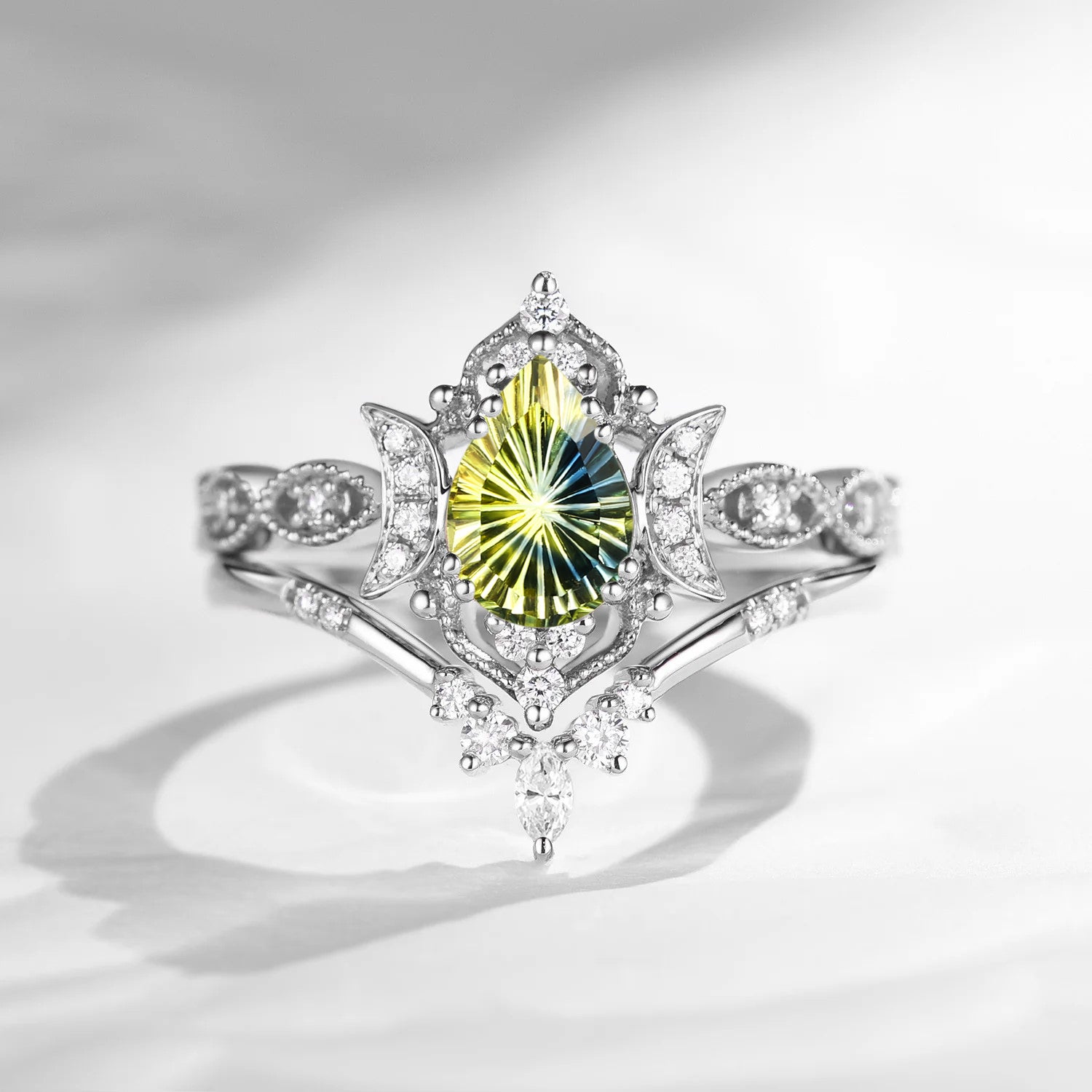 Crescent Moon | Fantasy Cut Pear Natural Multi-Colored Sapphire Engagement Ring Set 2pcs - Luna