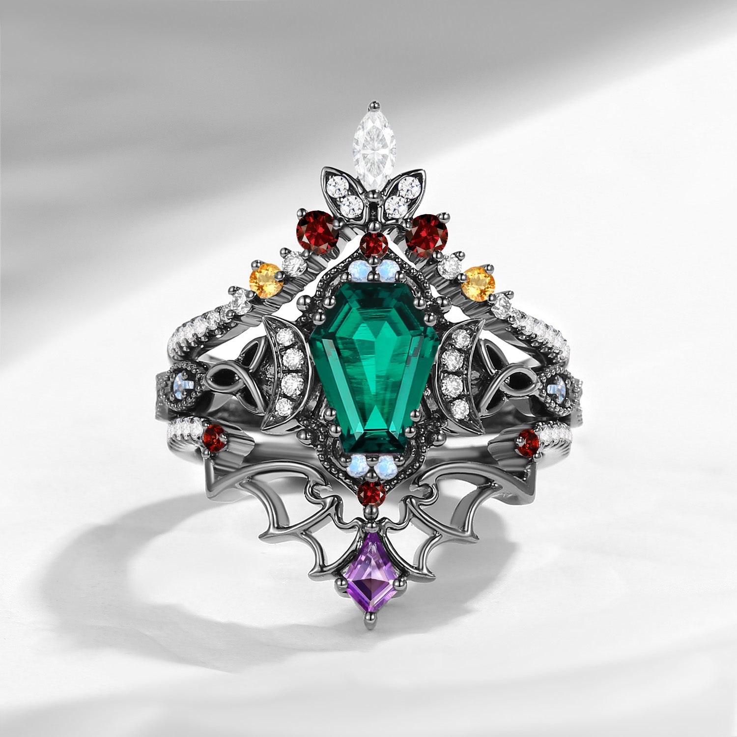 Crescent Moon | Unique Gothic Bat Coffin Lab Emerald Black Gold Celtic Knot Ring Set 3pcs