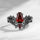 Gothic Style Coffin Garnet Vine And Thorns Engagement Ring 2pcs