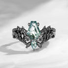 Gothic Style Coffin Moss Agate Vine And Thorns Engagement Ring 2pcs
