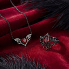 Gothic Style Coffin Garnet Bat Wing Inspired Black Gold Ring Jewelry Set - Bat Jewelry Box