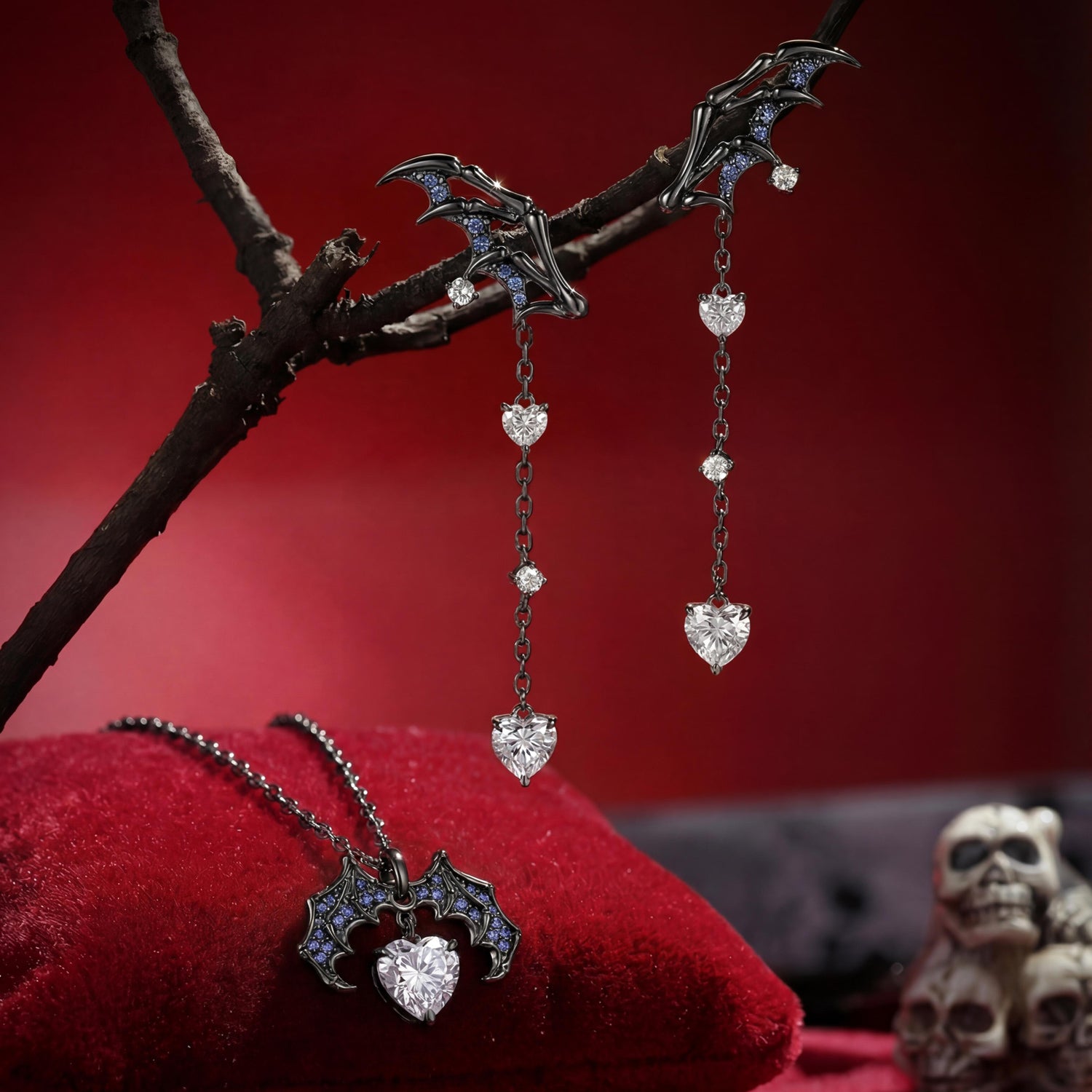 Gothic Bat Inspired Heart Moissanite Black Gold Jewelry Set - Bat Jewelry Box