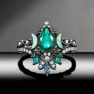 Crescent Moon | Pear Cut Lab Emerald 'Ultra Galaxy' Lab Opal Black Gold Engagement Ring Set 2pcs