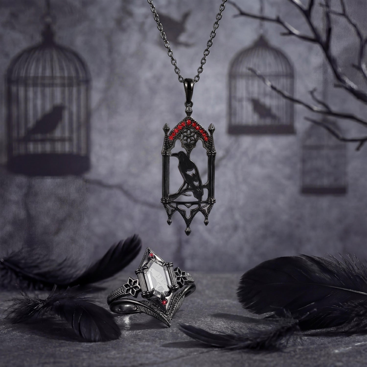 Unique Gothic Style Long Hexagon Moissanite See Through Inspired Black Gold Jewelry Sets - 'Caged Bird' Jewelry Box