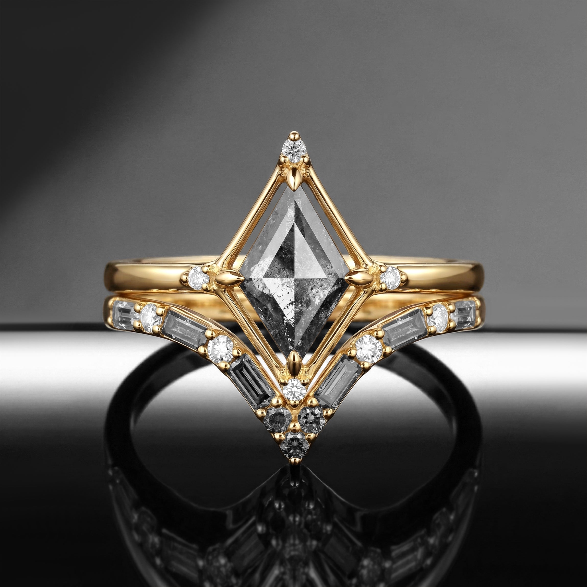 Art-Deco Kite Cut Salt & Pepper Diamond Baguette Cluster Engagement Ring Set 2pcs