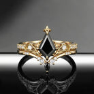 Gothic Inspired Kite Cut Black Moissanite Unique Engagement Ring Set 2pcs - Bat Ring