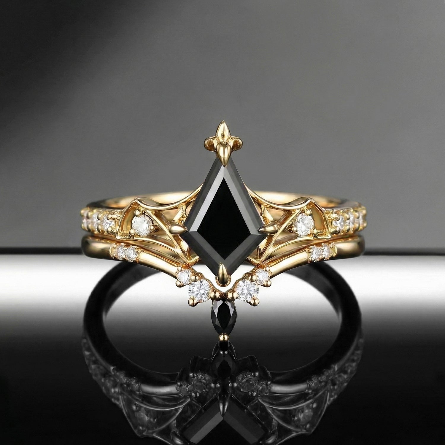 Gothic Inspired Kite Cut Black Moissanite Unique Engagement Ring Set 2pcs - Bat Ring
