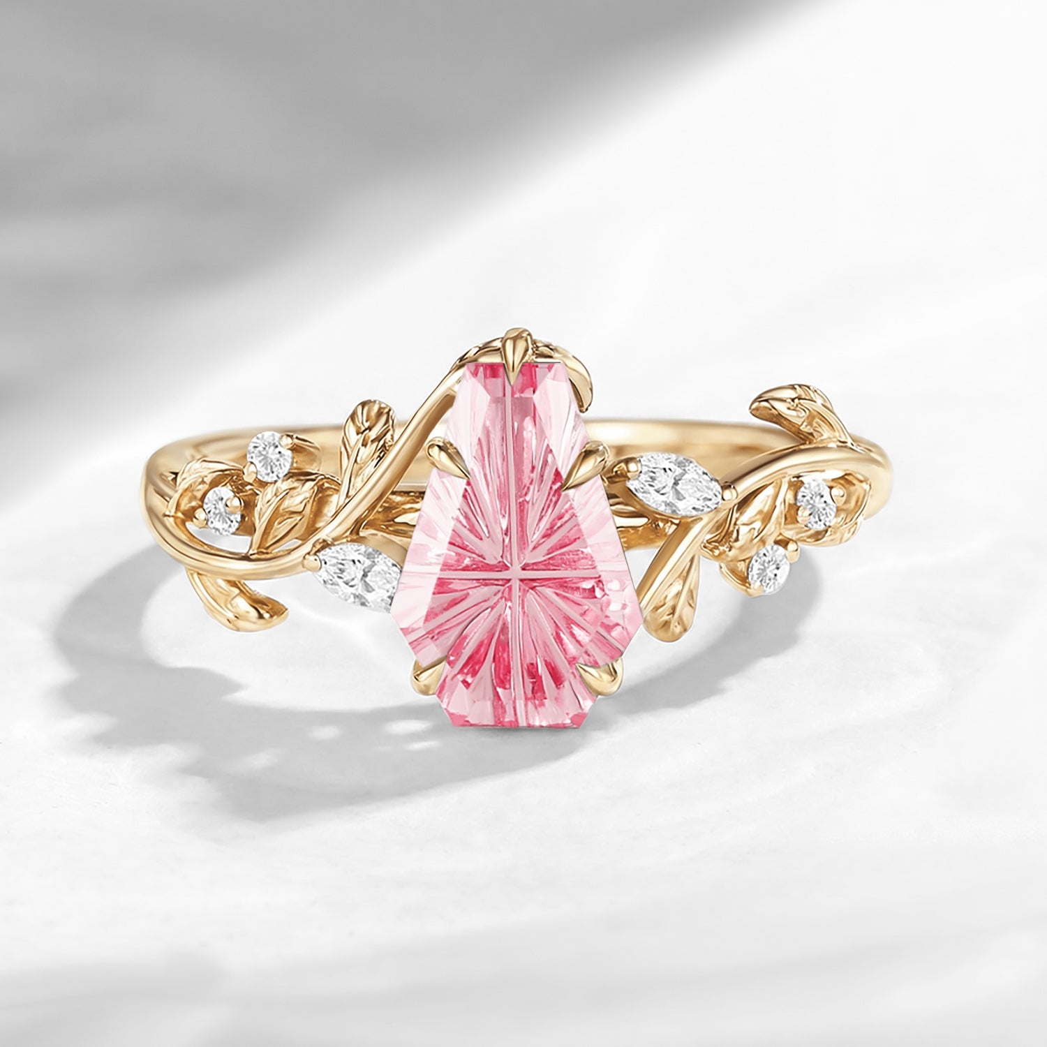 Garden of Eden - Nature Inspired Fantasy Carved Coffin Lab Pink Sapphire Leaf Vine Engagement Ring