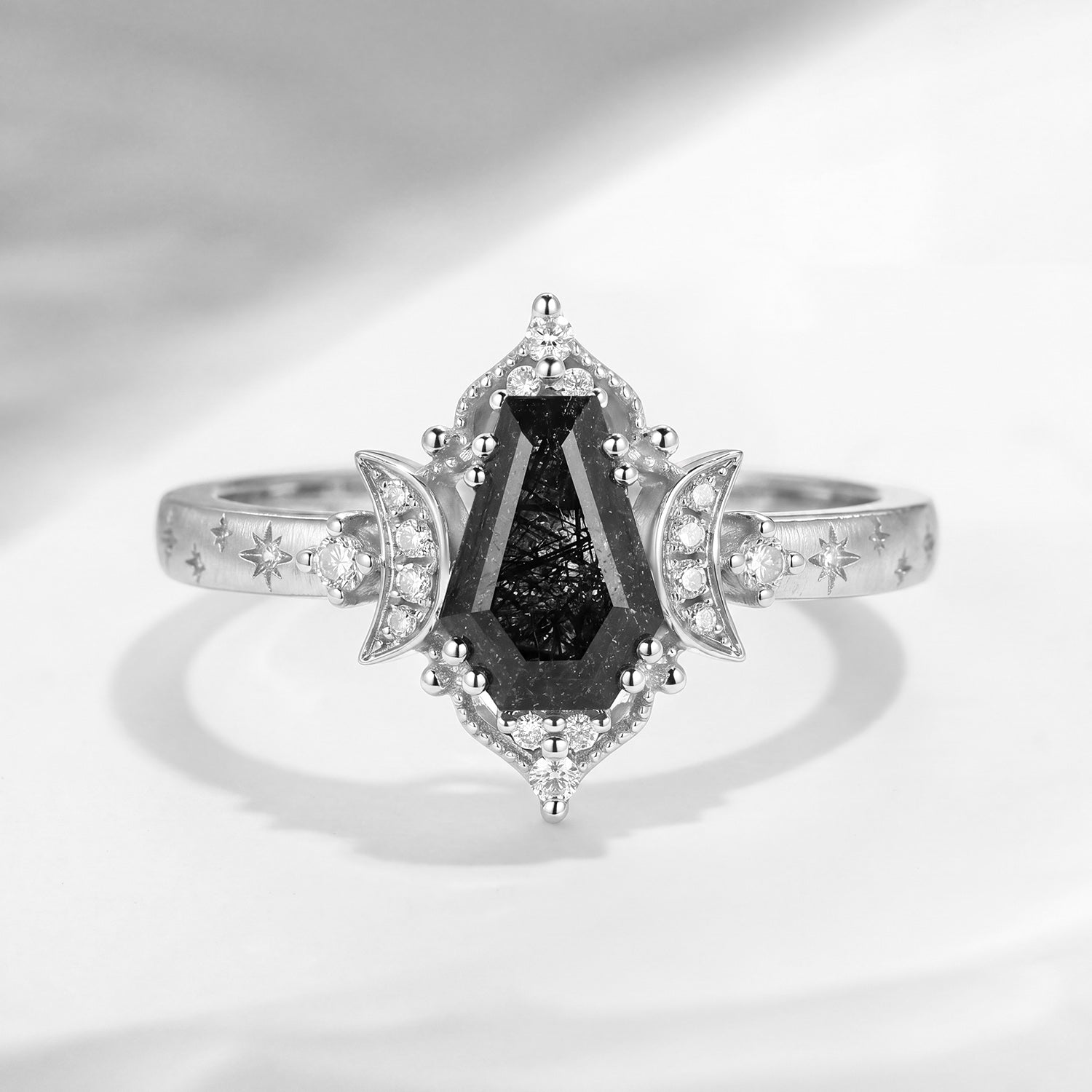 'Till Death Do Us Part' – Coffin Cut Black Rutilated Quartz Crescent Moon Engagement Ring with Star Engraved Band