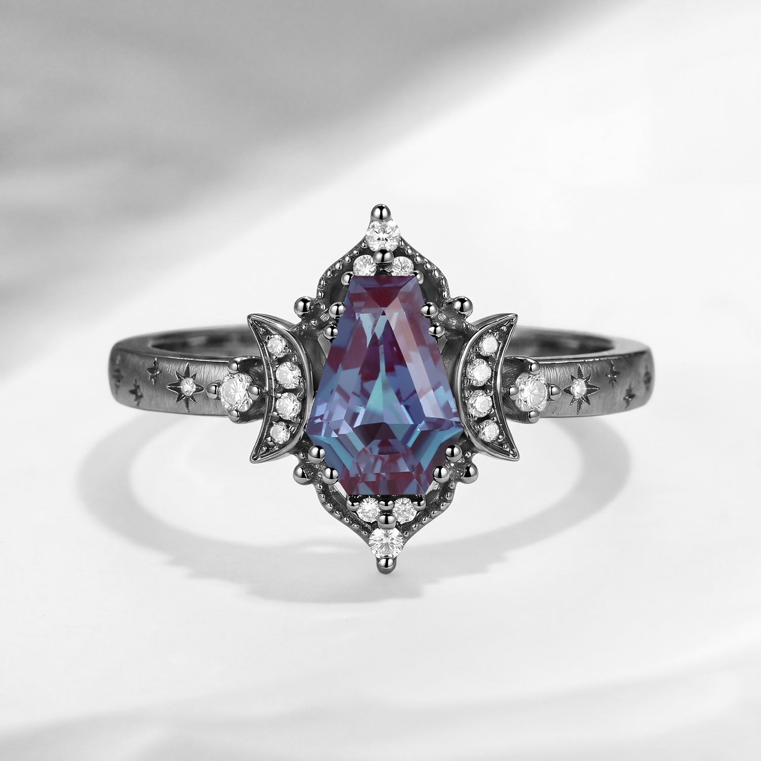 'Till Death Do Us Part' – Star Engraved Coffin Lab Alexandrite Crescent Moon Engagement Ring with Textured Band
