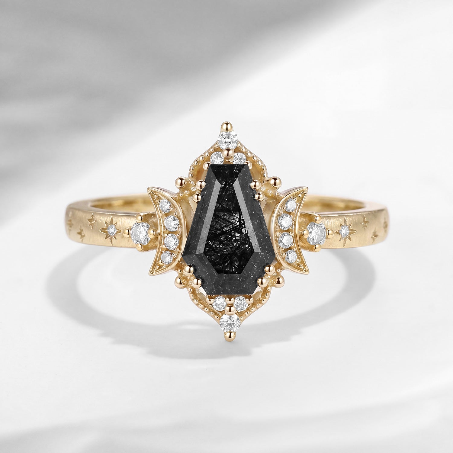'Till Death Do Us Part' – Coffin Cut Black Rutilated Quartz Crescent Moon Engagement Ring with Star Engraved Band