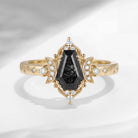 'Till Death Do Us Part' – Coffin Cut Black Rutilated Quartz Crescent Moon Engagement Ring with Star Engraved Band