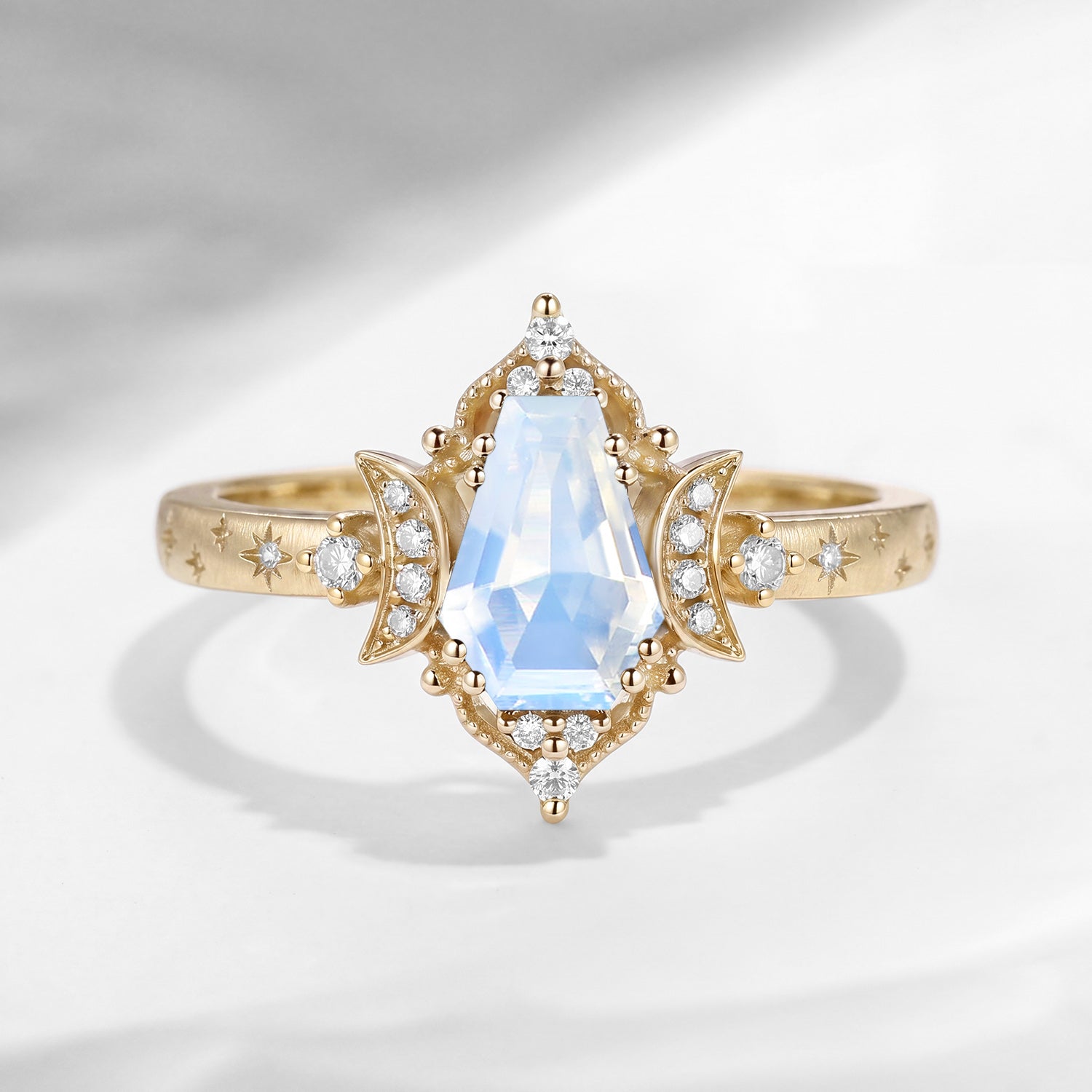 'Till Death Do Us Part' – Star Engraved Coffin Natural Moonstone Crescent Moon Engagement Ring with Textured Band