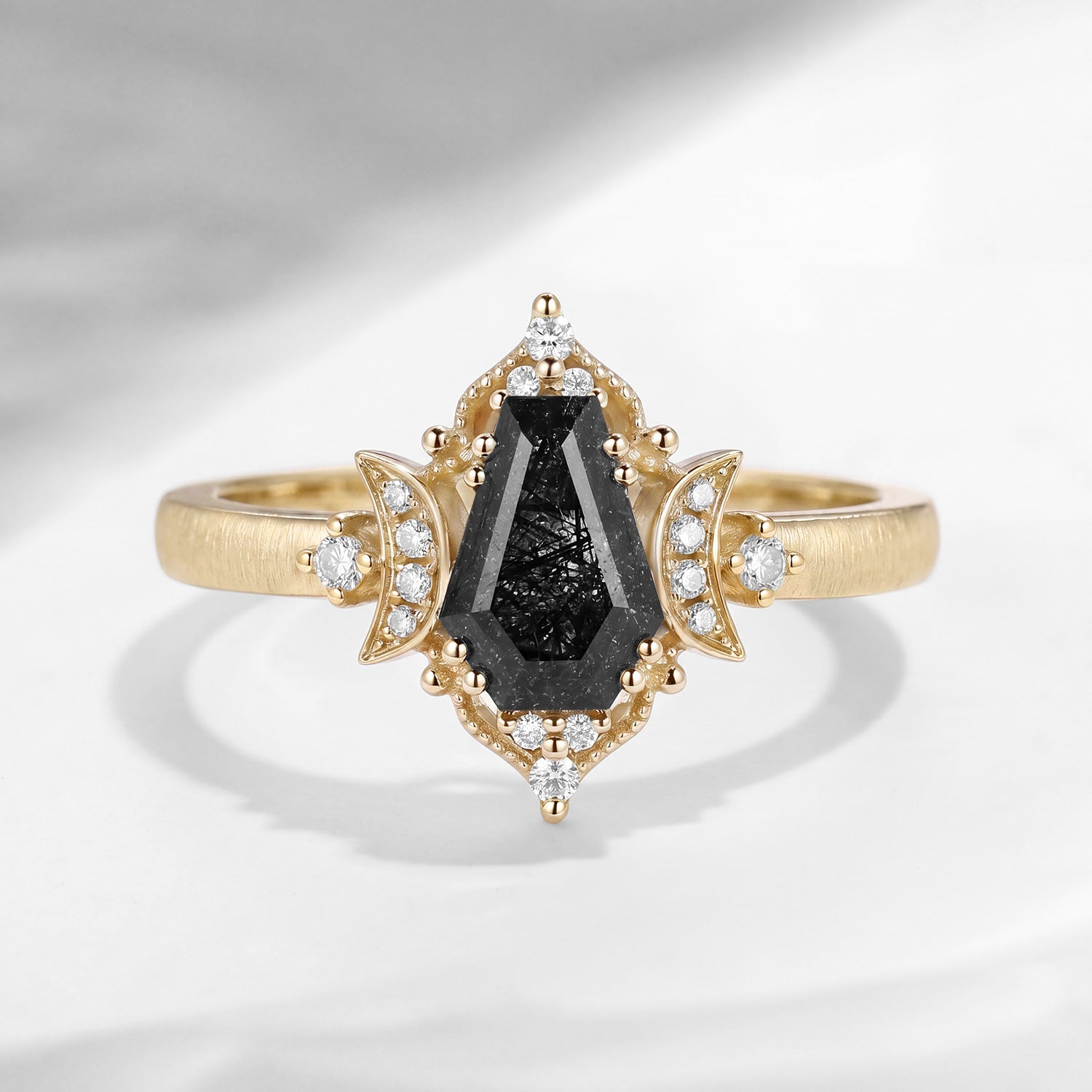 'Till Death Do Us Part' – Textured Coffin Cut Black Rutilated Quartz Crescent Moon Engagement Ring