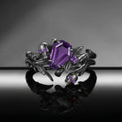 Thorns & Roses - Gothic Skull Coffin Amethyst Engagement Ring Set with Bark Textured Band
