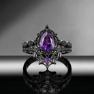 Spider Ring – Gothic Coffin Cut Amethyst Engagement Ring Set with Spider Web Inspired Milgrain Band