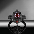 Spider Ring 'Web of Love' – Gothic Pear Cut Garnet Engagement Ring Set with Spider Web Inspired Milgrain Band