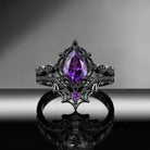 Spider Ring 'Web of Love' – Gothic Pear Cut Amethyst Engagement Ring Set with Spider Web Inspired Milgrain Band